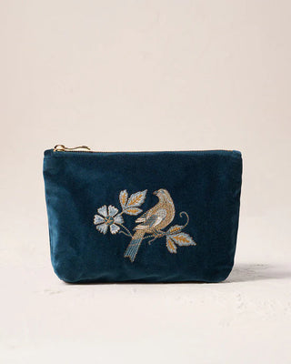 Botanical Birds Velvet Mini Pouch: Ink Blue