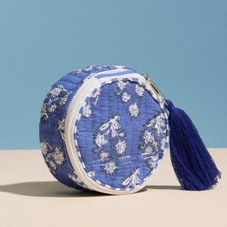Blue Quilted Floral Round Coin Pouch | Zipper Coin Purse with Tassel: BL, ONE