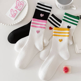 Black Heart, Green Stripes Print Crew Socks