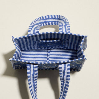 Blue Quilted Floral Mini Tote Bag | Striped Handle Fabric Lunch, Gift & Everyday Carry Bag: BL, ONE