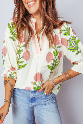 Pink Floral V Neck Blouse: Large