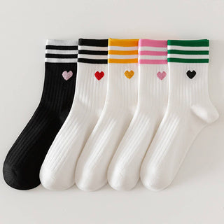 Red Heart, Black Stripes Print Crew Socks