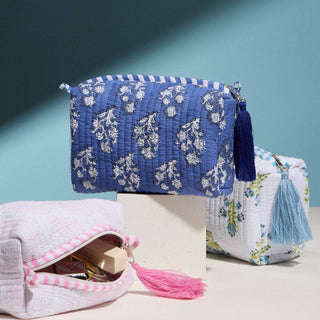 Blue Quilted Floral Cosmetic Pouch | Zipper Makeup Bag with Tassel: BL, ONE