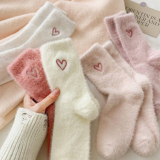 Dark Pink Heart Fluffy Socks
