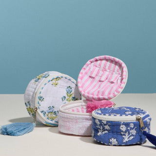 Blue Quilted Floral Round Coin Pouch | Zipper Coin Purse with Tassel: BL, ONE