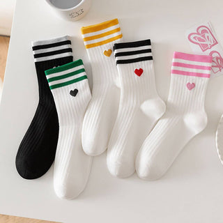Red Heart, Black Stripes Print Crew Socks