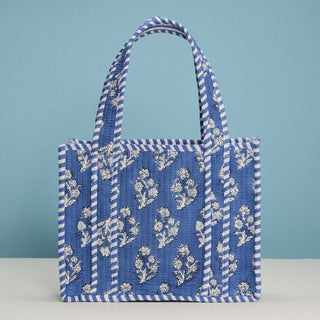 Blue Quilted Floral Mini Tote Bag | Striped Handle Fabric Lunch, Gift & Everyday Carry Bag: BL, ONE