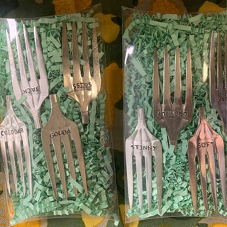 Stamped Fork Cheese Markers 'Stinky, Soft, Hard, Crumbly'