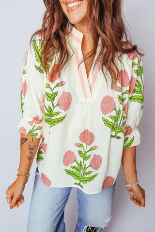 Pink Floral V Neck Blouse: Small