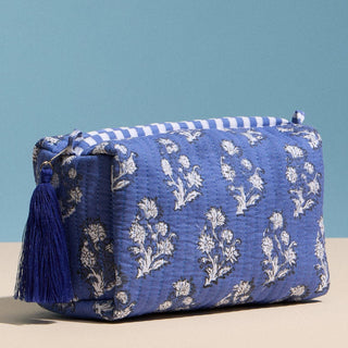 Blue Quilted Floral Cosmetic Pouch | Zipper Makeup Bag with Tassel: BL, ONE