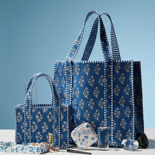 Blue Quilted Floral Mini Tote Bag | Striped Handle Fabric Lunch, Gift & Everyday Carry Bag: BL, ONE