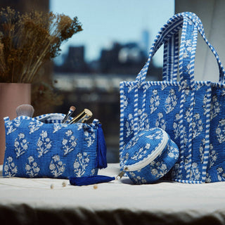 Blue Quilted Floral Mini Tote Bag | Striped Handle Fabric Lunch, Gift & Everyday Carry Bag: BL, ONE