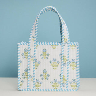 Blue Floral Quilted Mini Tote Bag | Soft Fabric Everyday Carry Handbag: LBL, ONE