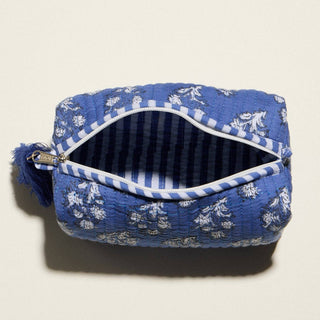 Blue Quilted Floral Cosmetic Pouch | Zipper Makeup Bag with Tassel: BL, ONE