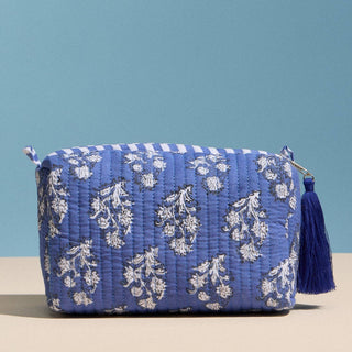 Blue Quilted Floral Cosmetic Pouch | Zipper Makeup Bag with Tassel: BL, ONE