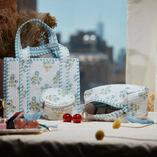 Blue Floral Quilted Mini Tote Bag | Soft Fabric Everyday Carry Handbag: LBL, ONE