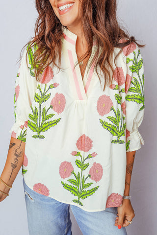Pink Floral V Neck Blouse: Large
