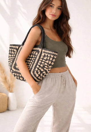 Black/Tan Mosaic Raffia Tote