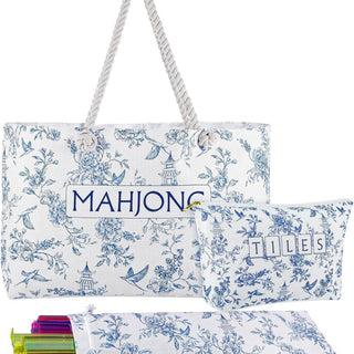 American Mahjong Storage Bag Set, Beige Floral Print 3-Piece Organizer: Light-blue