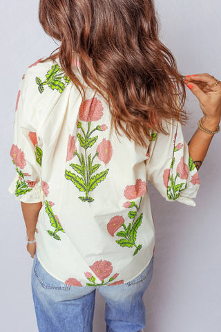 Pink Floral V Neck Blouse: Large