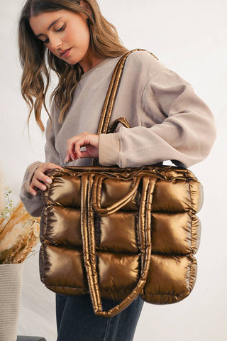 Gold Quilted Puffer Tote Bag