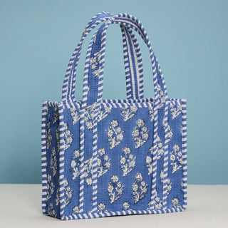 Blue Quilted Floral Mini Tote Bag | Striped Handle Fabric Lunch, Gift & Everyday Carry Bag: BL, ONE