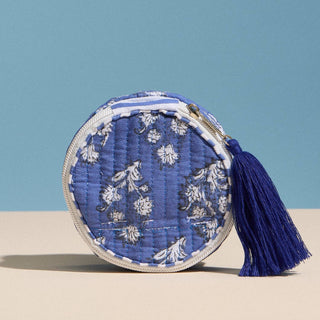 Blue Quilted Floral Round Coin Pouch | Zipper Coin Purse with Tassel: BL, ONE