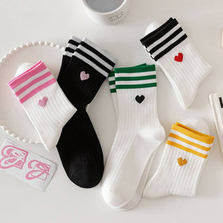 Red Heart, Black Stripes Print Crew Socks