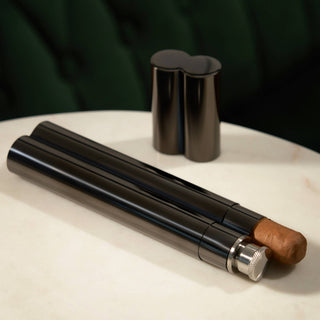 Black Gunmetal Plated Cigar Holder and Flask Combo