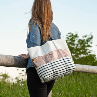 Rose Gold-on-Navy Mariner Stripe Medium Sea Bags Tote