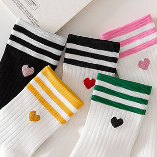 Black Heart, Green Stripes Print Crew Socks