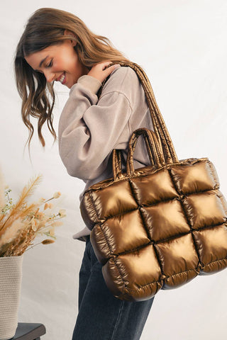 Gold Quilted Puffer Tote Bag
